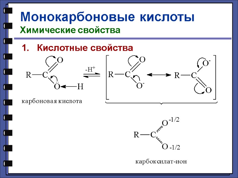Монокарбоновые кислоты Химические свойства      1.   Кислотные свойства